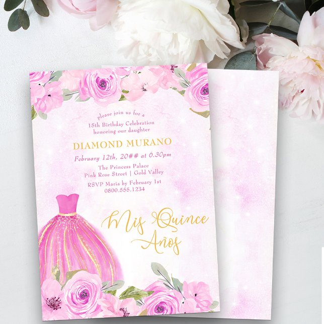 Pink Gold Floral Princess Dress Mis Quince Anos Invitation (Mis Quince Invitation from my Galaxy Floral Princess Quinceanera collection)