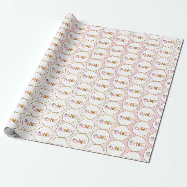 Pink Gold Floral Pumpkin Fall First Birthday One Wrapping Paper (Unrolled)