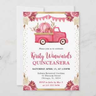 Pink Gold Floral Pumpkin Truck Fall Quinceanera Invitation