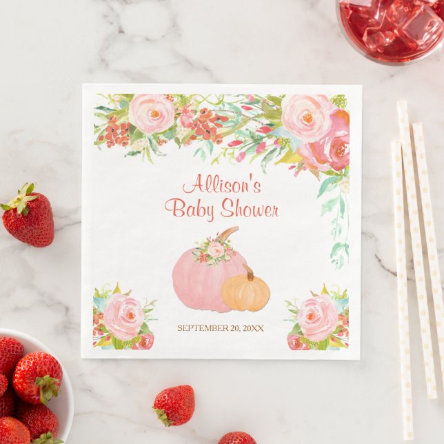 Pink gold floral pumpkins fall baby shower  napkin (Insitu)