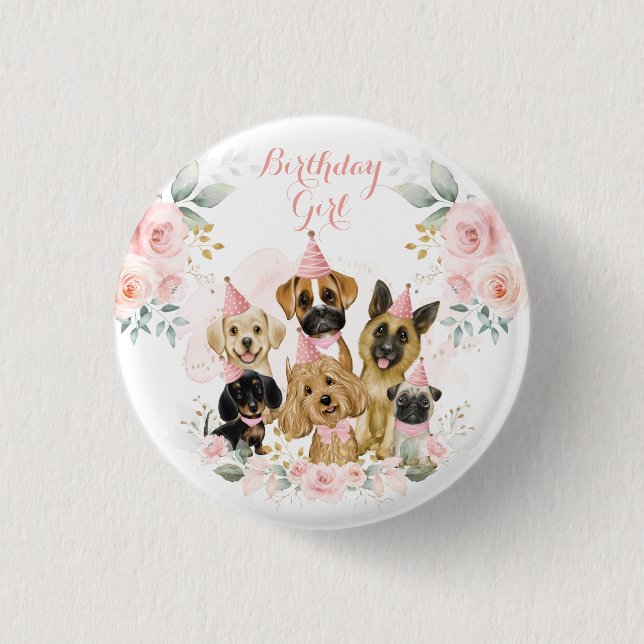 Pink Gold Floral Puppy Dogs Birthday Girl Button (Front)
