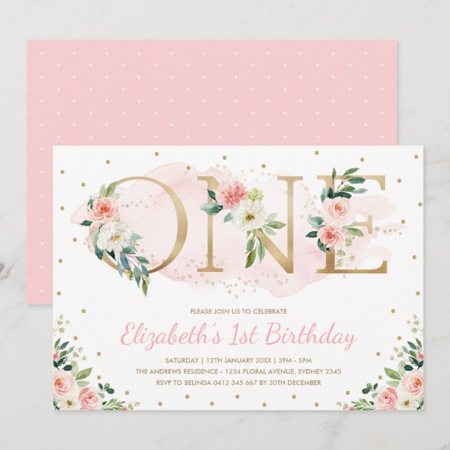 Pink Gold Floral Roses 1st First Birthday Party Invitation (Front/Back)