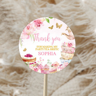 Pink Gold Floral Tea Par-Tea Birthday Party Classic Round Sticker
