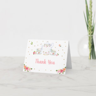 Pink Gold Floral Tea Party Birthday Thank You Card