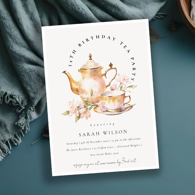 Pink Gold Floral Tea Set Birthday Tea Party  Invitation (Creator Uploaded)