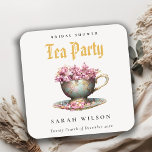 Pink Gold Floral Teacup Bridal Shower Tea Party  Square Paper Coaster<br><div class="desc">Royal Pink Teal Gold Floral Teacup Theme Collection.- it's an elegant royal script watercolor Illustration of soft delicate teal Gold teacup with pink, burgundy flowers perfect for your tea parties. It’s very easy to customize, with your personal details. If you need any other matching product or customization, kindly message via...</div>