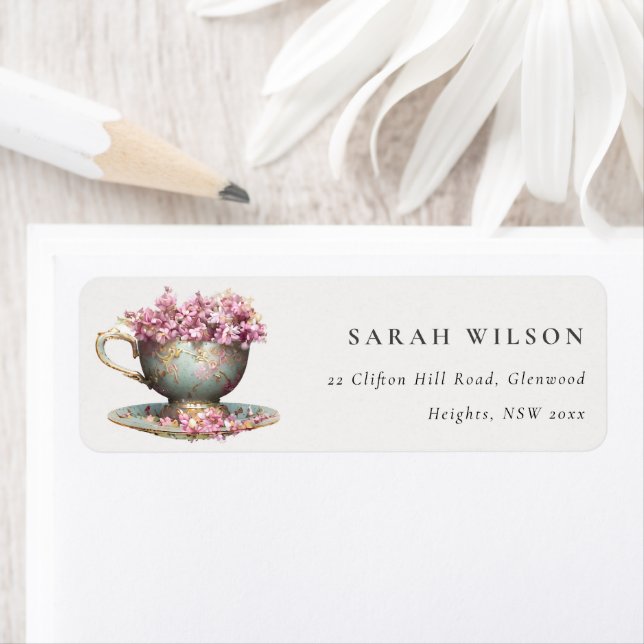 Pink Gold Floral Teacup Tea Party Address (Insitu)