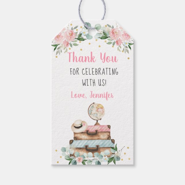 Pink Gold Floral Travel Bridal Shower Thank You Gift Tags (Front)