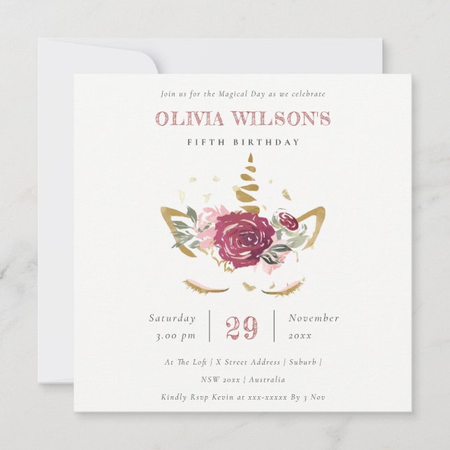 Pink Gold Floral Unicorn Any Age Birthday Invite (Front)