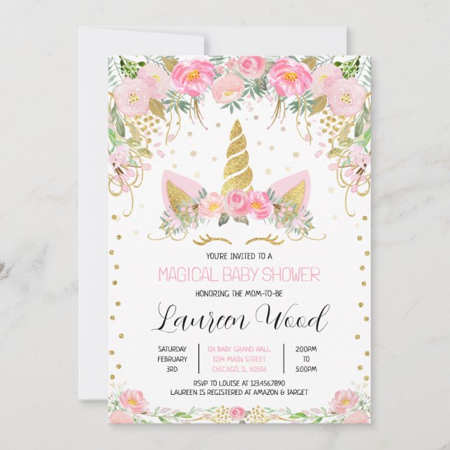 Pink Gold Floral Unicorn Baby Shower Invitation (Front)