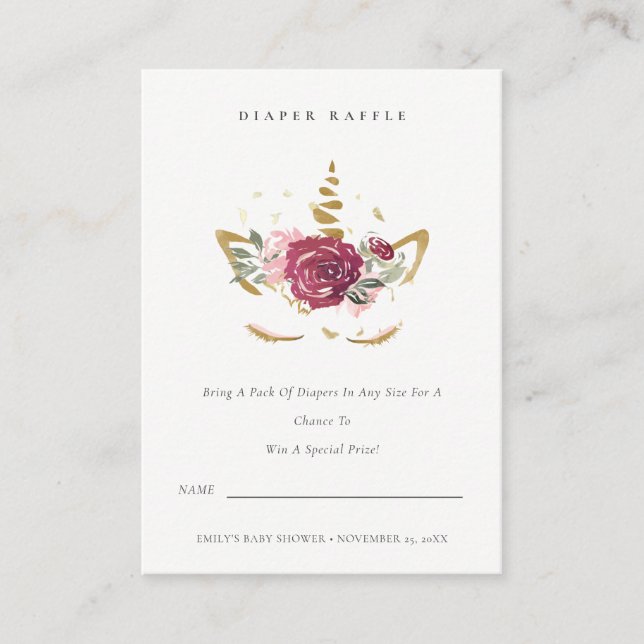 Pink Gold Floral Unicorn Diaper Raffle Baby Shower Enclosure Card (Front)