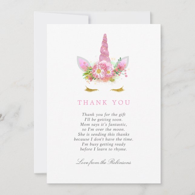 Pink & Gold Floral Unicorn Girl Baby shower Merci (Devant)