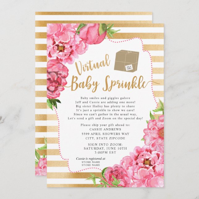 Pink Gold Floral Virtual Baby Sprinkle Invitation (Front/Back)