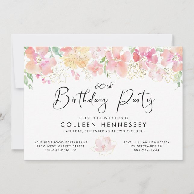 Pink Gold Floral Watercolor 60th Birthday Invitation (Front)