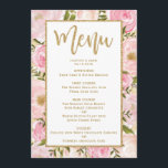 Pink & Gold Floral Wedding Menu Template Card<br><div class="desc">FEMININE PINK & GOLD WEDDING MENU CARD
Featuring gorgeous blush pink watercolor flowers and rustic green foliage</div>