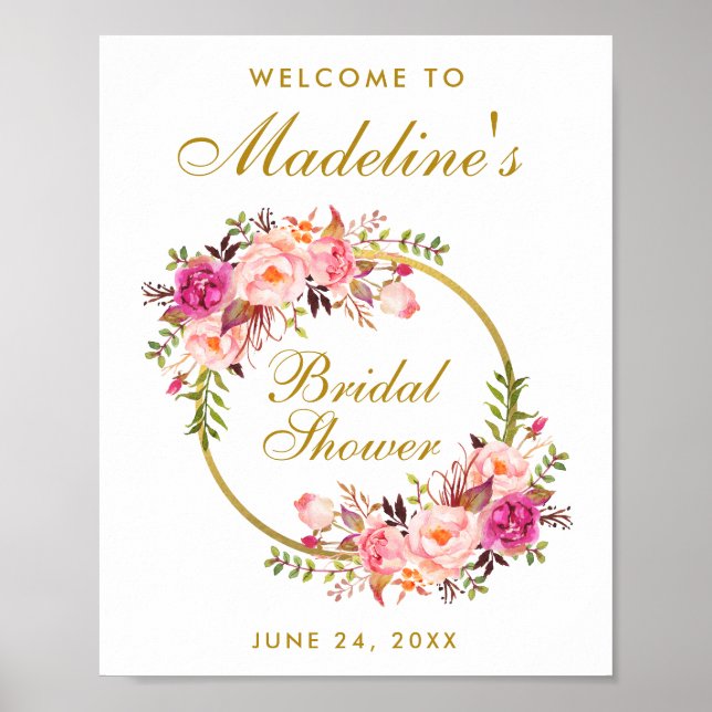 Pink Gold Floral Wreath Bridal Shower Welcome Poster (Front)