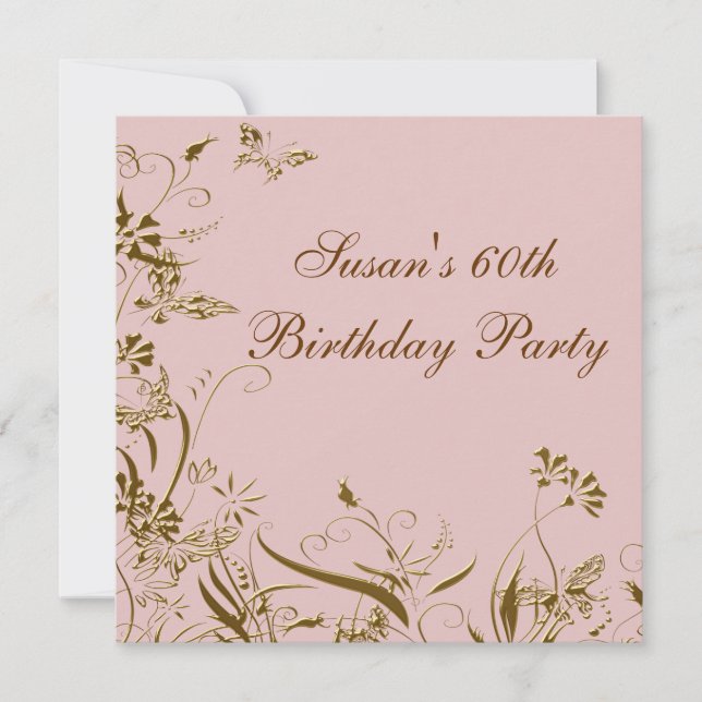 Pink Gold Flower Butterfly Womans 60th Birthday Invitation (Front)