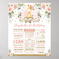 Pink Gold Flower Giraffe 1st Birthday Milestone