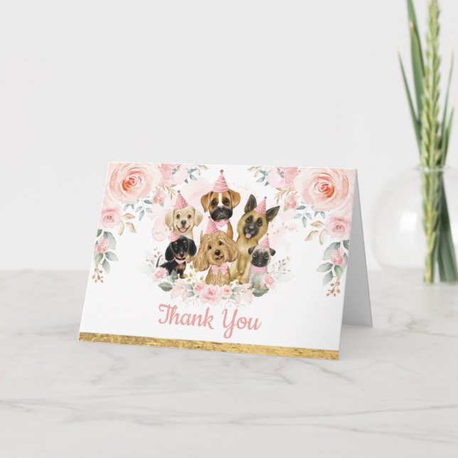 Pink Gold Flower Puppy Pet Dogs Birthday Thank You Card (Front)