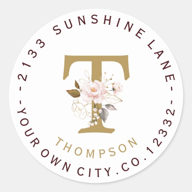 Pink Gold Flowers Monogram Circular Address Classic Round Sticker (Front)
