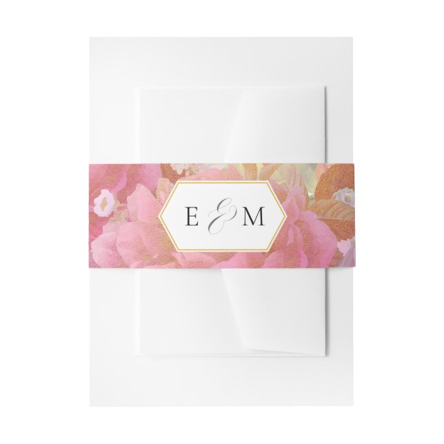 Pink Gold Flowers Wedding Monogram Invitation Belly Band (Front Example)