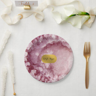 Pink Gold Foil Sea Crystals Signature  Paper Plate