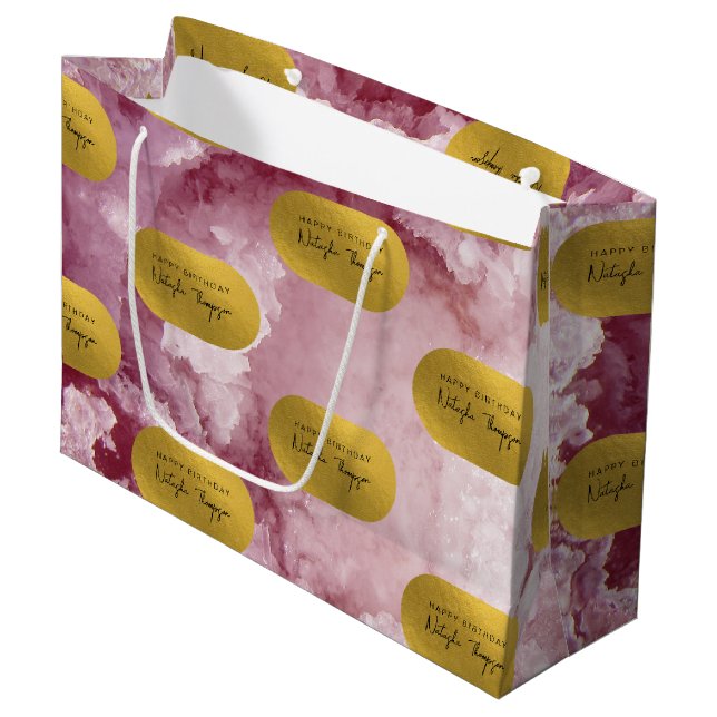 Pink Gold Foil Sea Crystals Signature Script Large Gift Bag (Front Angled)