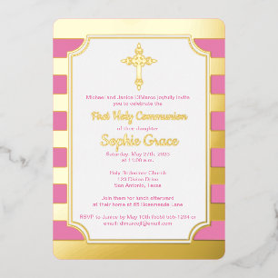 Pink, Gold Foil Stripe 1st Communion Invite, Cross