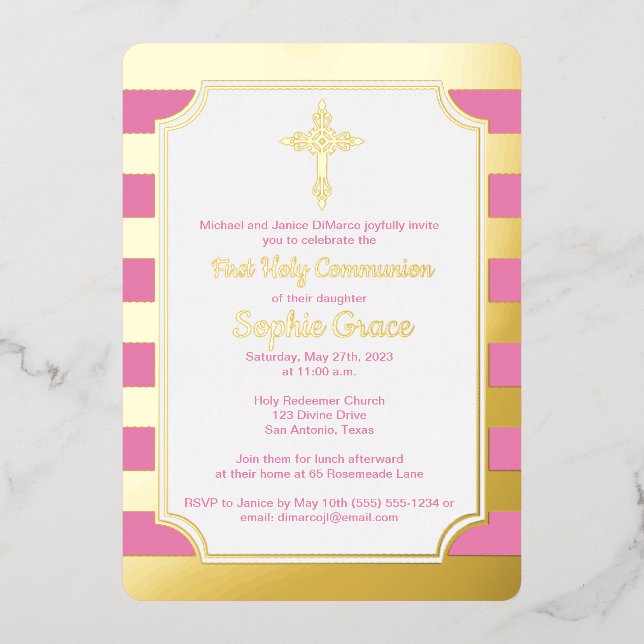 Pink, Gold Foil Stripe 1st Communion Invite, Cross (Front)