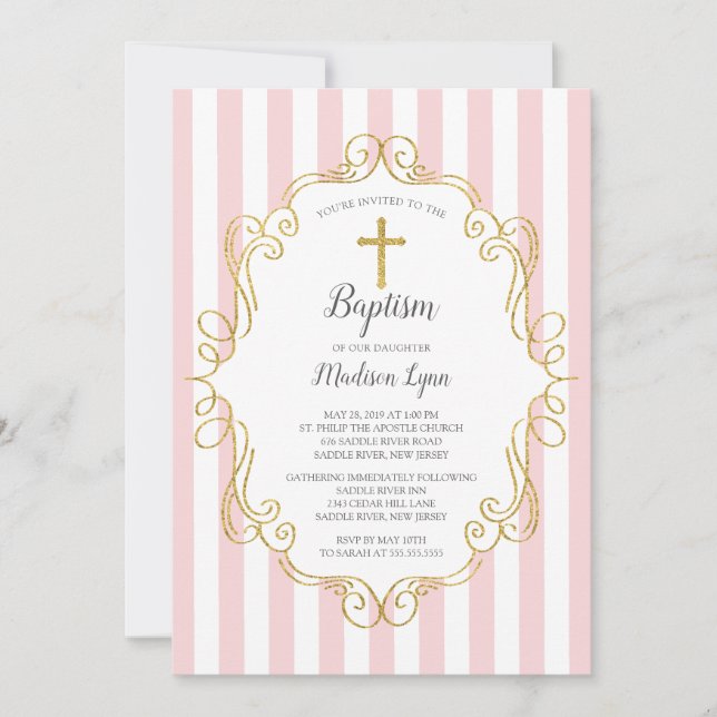 Pink & Gold Frame Girls Baptism Invitation (Front)