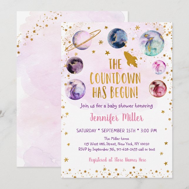 Pink Gold Galaxy Countdown Has Begun Baby Shower Invitation (Front/Back)