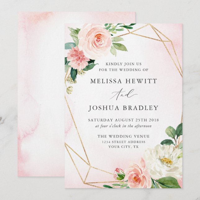 Pink & Gold Geometric Floral Wedding Invitation (Front/Back)