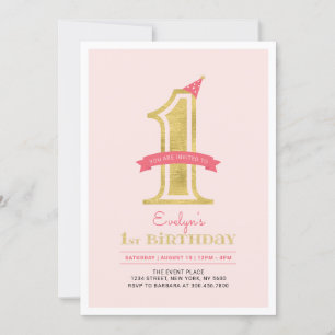 Pink & Gold    Girl 1st Birthday Party Invitation
