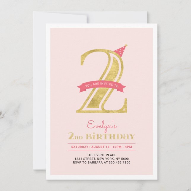Pink & Gold |  Girl 2nd Birthday Party Invitation (Front)