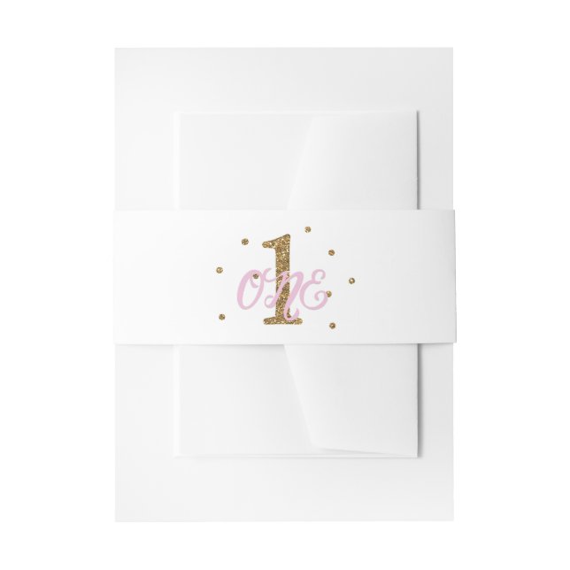 Pink & Gold Girls ONE 1st Birthday Party Invitation Belly Band (Front Example)