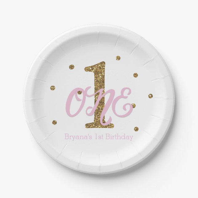 Pink & Gold Girls ONE 1st Birthday Party Paper Plate (Front)