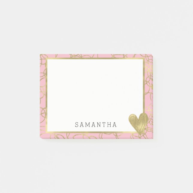 Pink Gold Glam Circles with Heart Personalized Post-it Notes (Front)