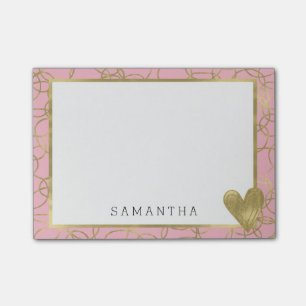 Pink Gold Glam Circles with Heart Personalized Post-it Notes