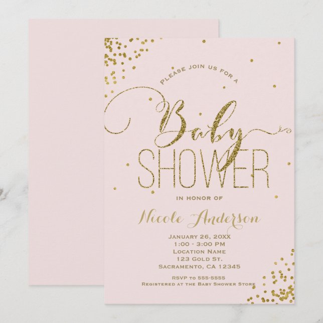 Pink & Gold Glam Glitter Corners BABY SHOWER Invitation (Front/Back)