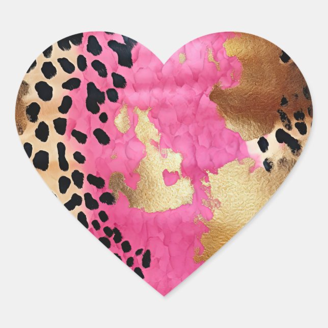 Pink Gold Glam Leopard Print Abstract Heart Sticker (Front)