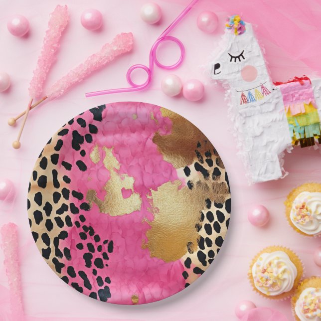 Pink Gold Glam Leopard Print Abstract Paper Plate (Party)