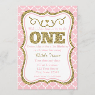 Pink Gold Glitter 1st Birthday Invite