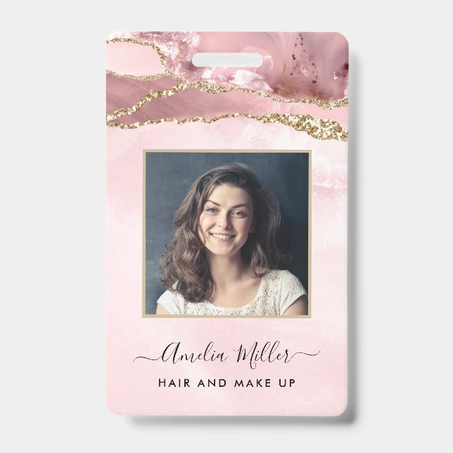 Pink Gold Glitter Agate Hair Makeup Business ID Badge (Front)