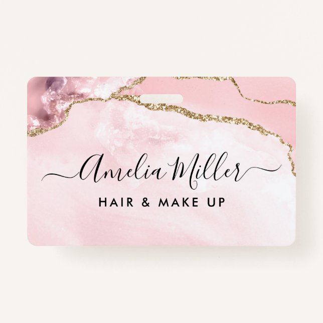 Pink Gold Glitter Agate Hair Makeup Business ID Badge (Front)