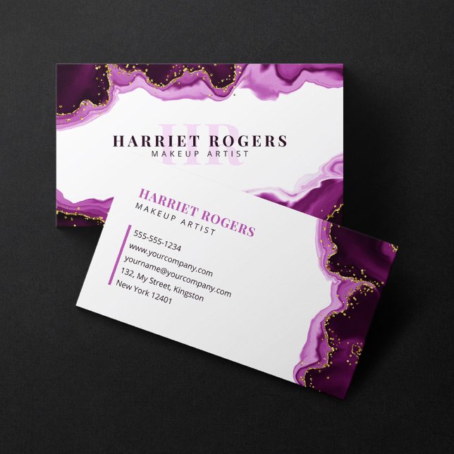 Pink Gold Glitter Agate Makeup Artist Initial Logo Business Card (Creator Uploaded)
