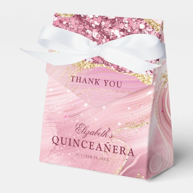 Pink Gold Glitter Agate Marble 15th Quinceañera Favor Box (Front Side)