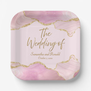 Pink & Gold Glitter Agate The Wedding Of  Paper Plate