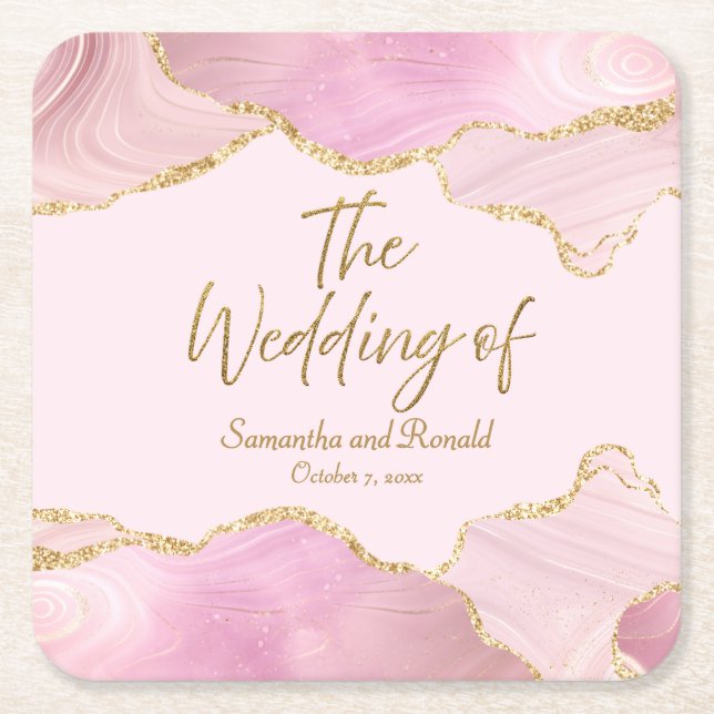 Pink & Gold Glitter Agate The Wedding Of  Square Paper Coaster (Front)