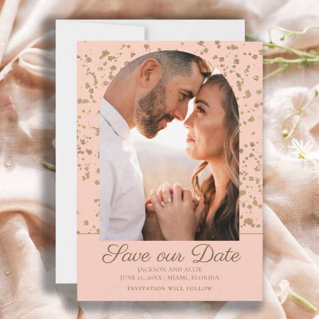 Pink Gold Glitter Arch Dome Photo Wedding Save The Date (Elegant pink and gold arch photo wedding Save-the-Date card)