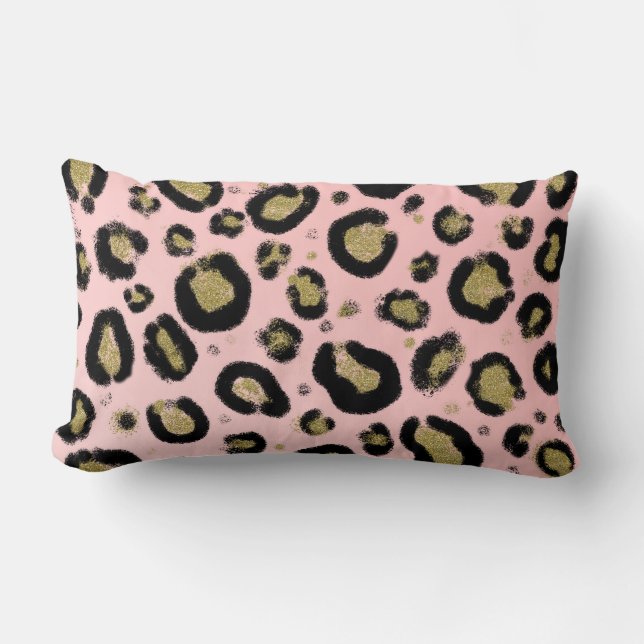 Pink Gold Glitter & Black Leopard Cheetah Print Lumbar Pillow (Front)